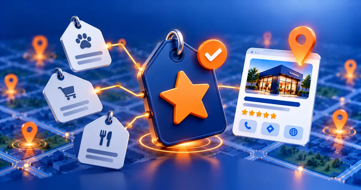 Etiquetas de categorias de negócio ligadas a uma etiqueta principal com estrela e ao perfil de uma empresa no Google
