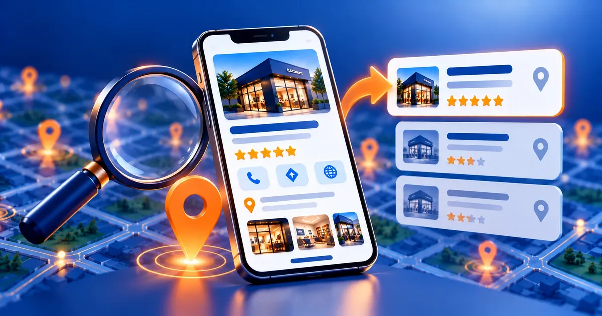 Celular exibindo o perfil de uma empresa no Google, com fotos, avaliação e botões, ao lado de uma lupa e de uma lista de empresas