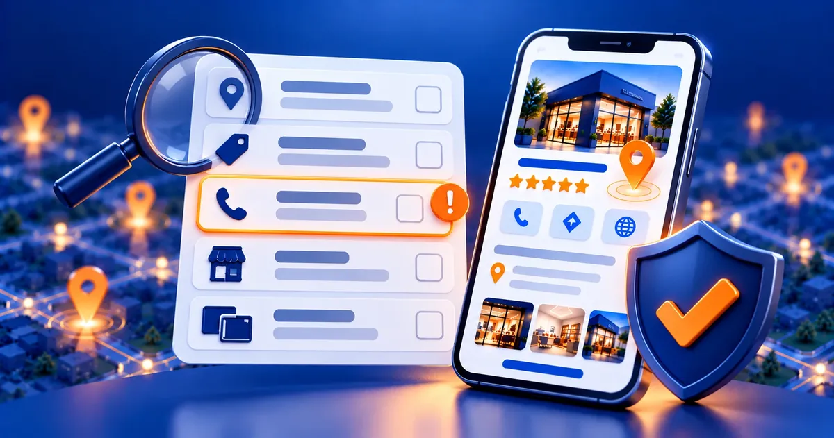 Lupa sobre uma lista de informações do perfil, com um alerta no telefone, ao lado do celular com o perfil e um escudo de proteção