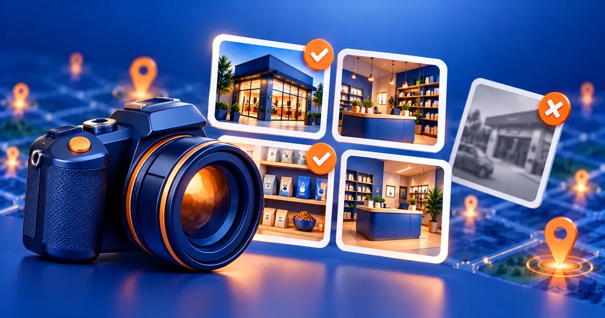 Câmera fotográfica ao lado de fotos aprovadas da fachada e do interior de uma loja e de uma foto reprovada