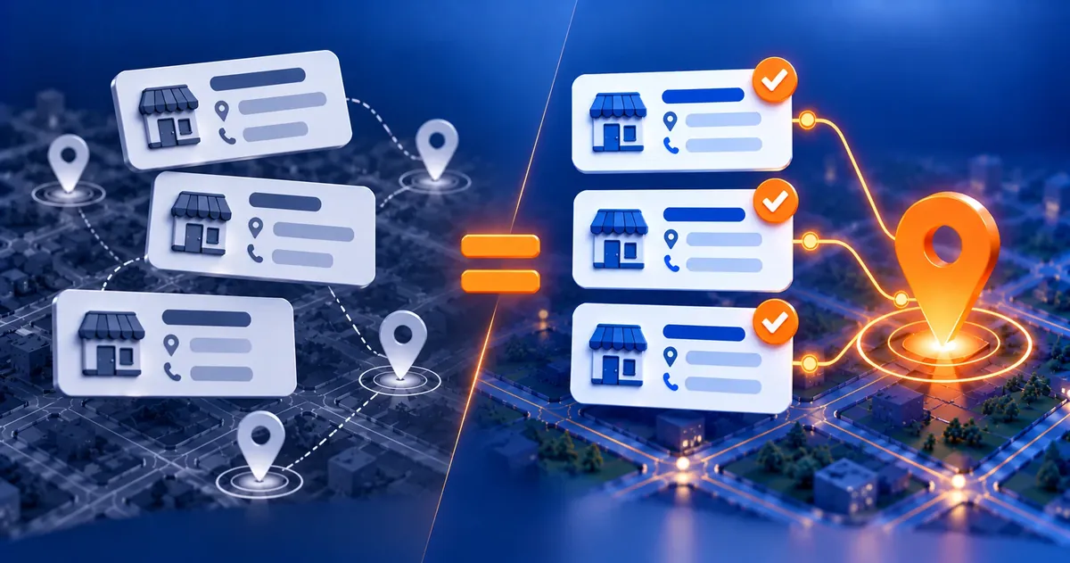 Fichas de empresa com dados diferentes à esquerda e com dados iguais e verificados à direita, ligados a um ponto no mapa