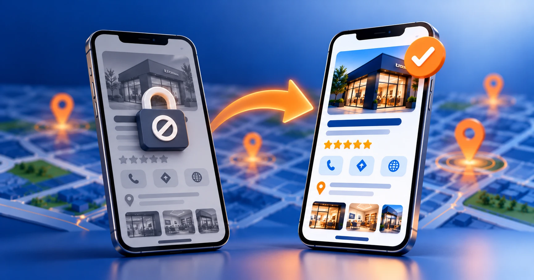 Dois celulares: à esquerda um perfil de empresa bloqueado por um cadeado e à direita o mesmo perfil ativo e verificado