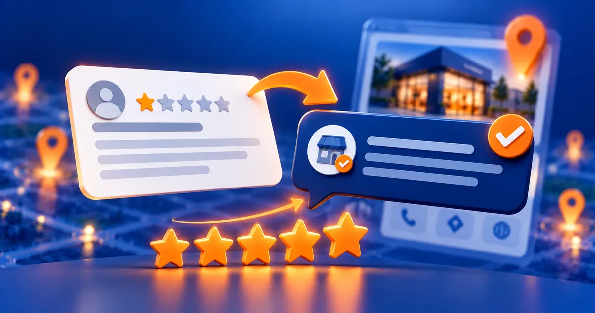 Avaliação de uma estrela recebendo uma resposta cordial da empresa, seguida de cinco estrelas