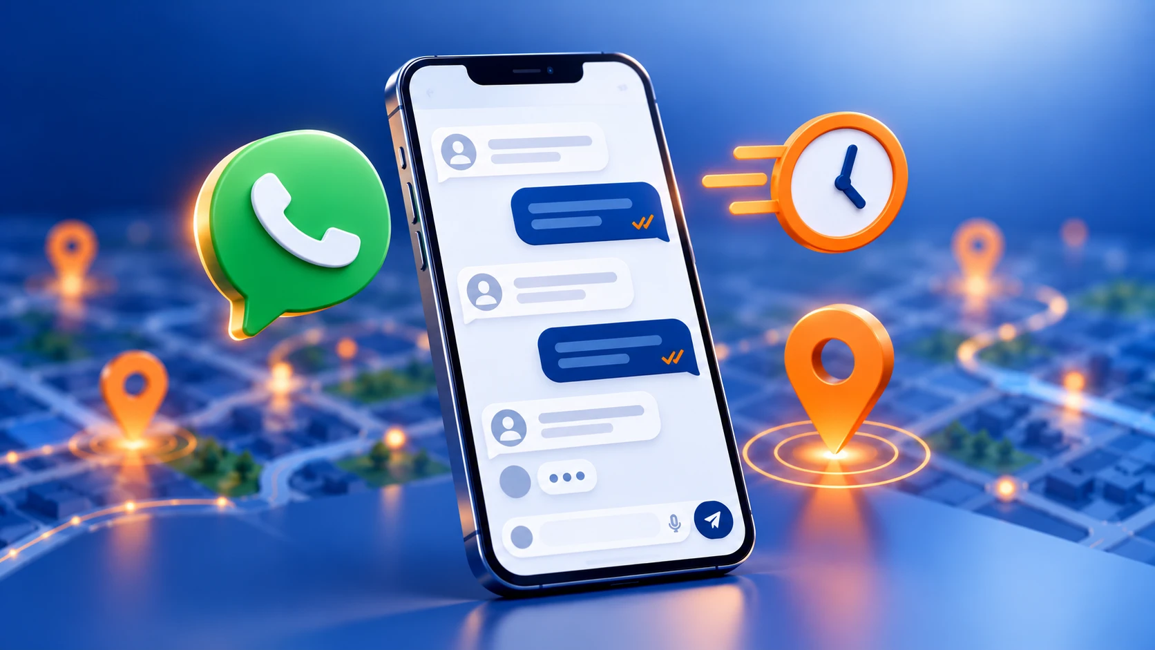 Celular exibindo uma conversa de WhatsApp, com ícones de telefone, relógio e localização ao redor